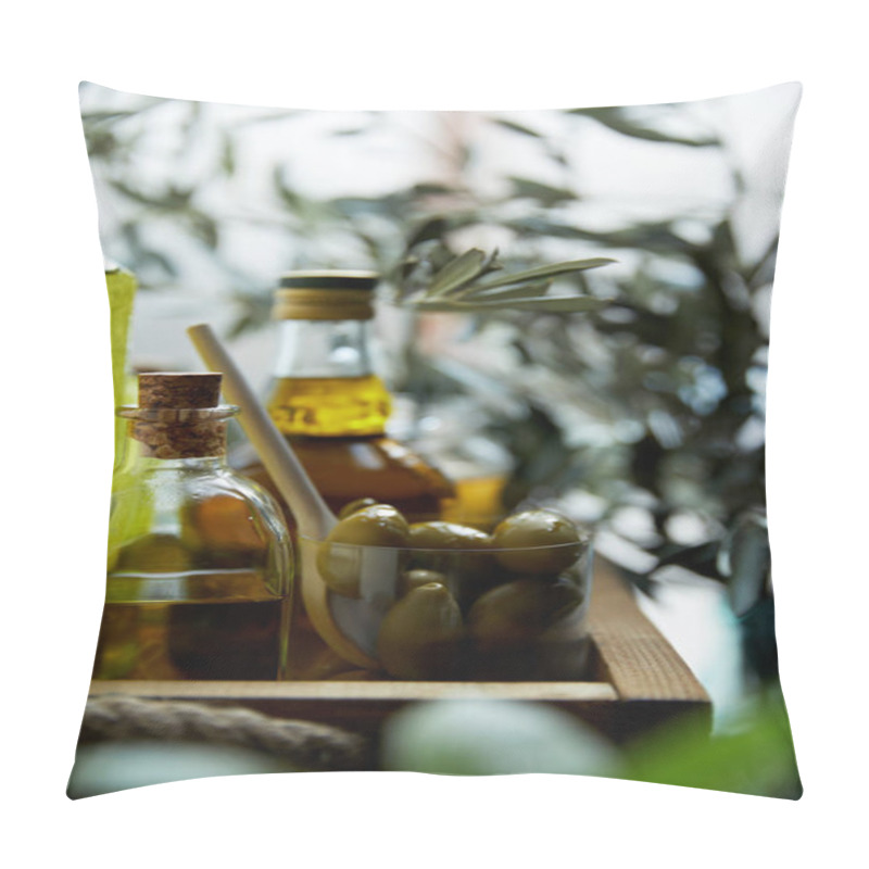 Personality  Close Up Image Of Glass With Spoon And Green Olives, Bottles Of Aromatic Olive Oil With And Branches On Wooden Tray Pillow Covers