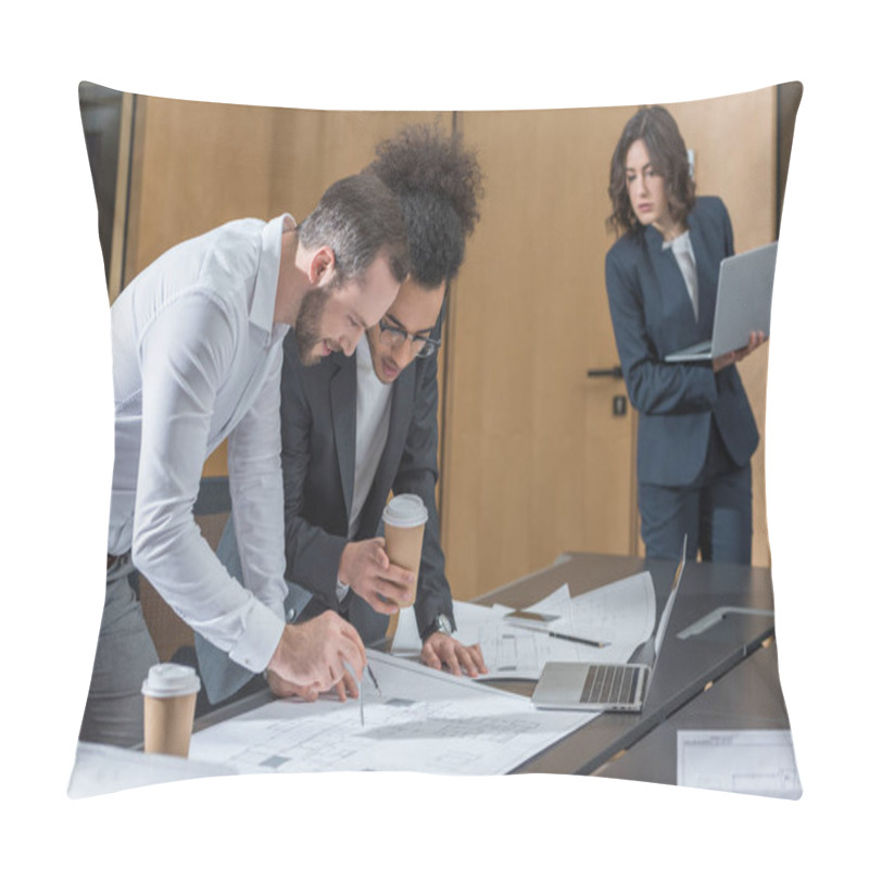 Personality  Team Of Architects Working With Building Plans At Conference Hall Of Office Pillow Covers