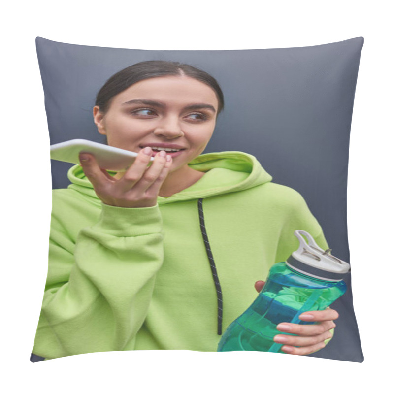 Personality  Happy Sportswoman In Hoodie Holding Bottle Of Water And Recording Audio Message On Smartphone Pillow Covers