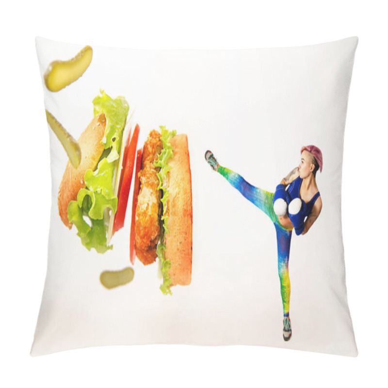 Personality  A Young Girl Kick A Hamburger. The Concept Is The Fight Against Unhealthy Food. Pillow Covers