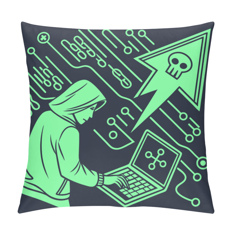 Personality  A Bold Vector Featuring Hacker Motifs In Neon Green Against Dark Backgrounds, Symbolizing Cybersecurity, Hacking Culture, And Technology. Pillow Covers