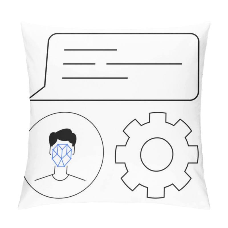 Personality  Speech Bubble With Text, Profile With Facial Recognition Grid, Gear Icon For Settings. Ideal For AI, Biometrics, Tech Interfaces, User Authentication, Digital Privacy, Automation Systems Abstract Pillow Covers