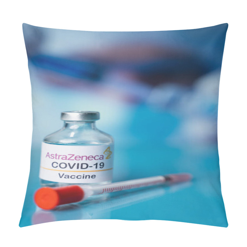 Personality  Maski, India November 21, 2020 : Illustrative Editorial Image Of AstraZeneca PLC Coronairus Or Covid-19 Vaccine With Syringe. Pillow Covers