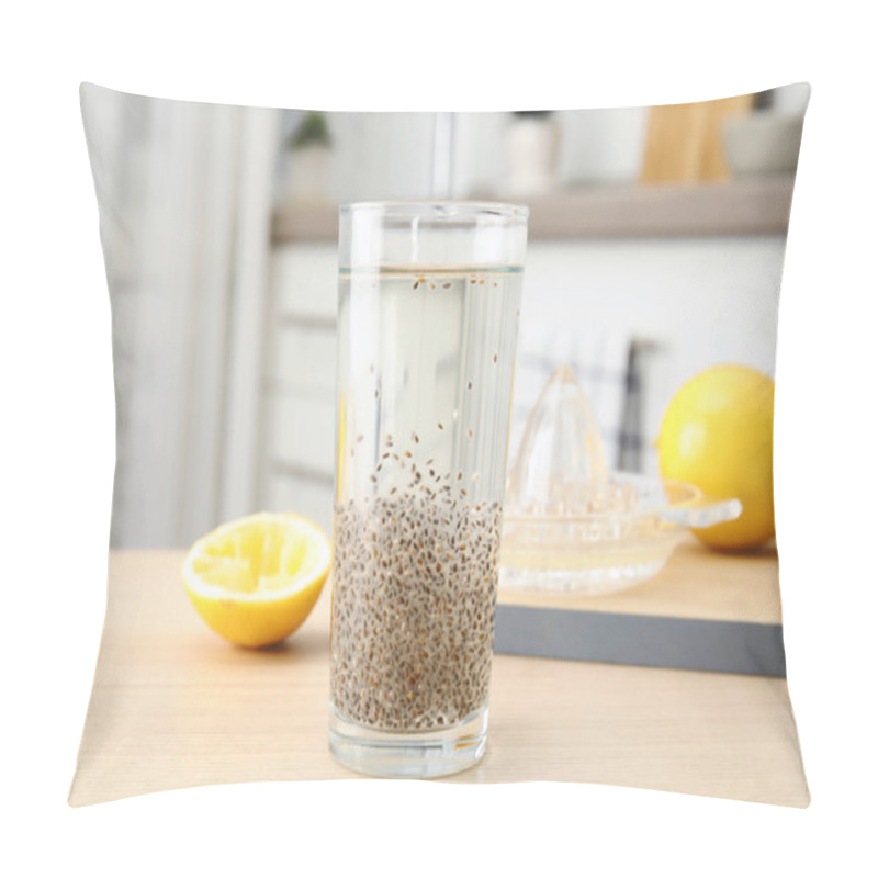 Personality  Composition With Glass Of Water And Chia Seeds On Table Against Blurred Background Pillow Covers