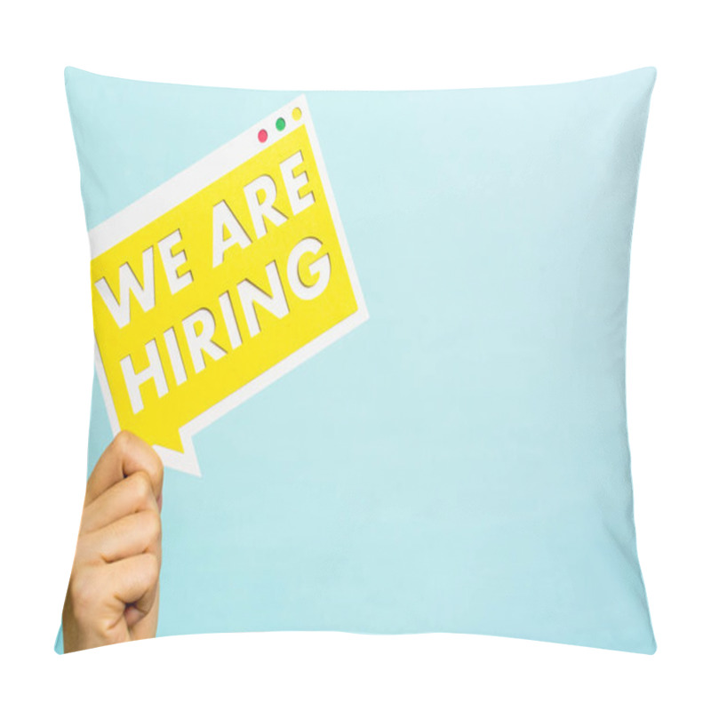 Personality  Job Message Board Blue Background With Empty Space. We Are Hiring Yellow Banner. Pillow Covers