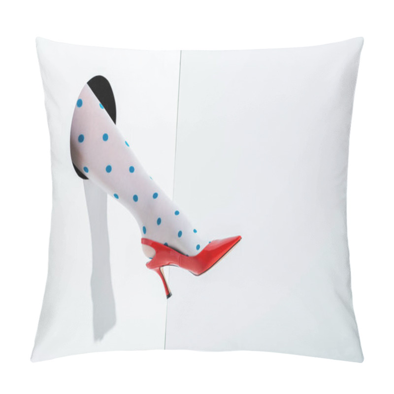 Personality  Cropped Image Of Woman Showing Leg In White Tights With Blue Dots And Red High Heel In Hole On White Pillow Covers