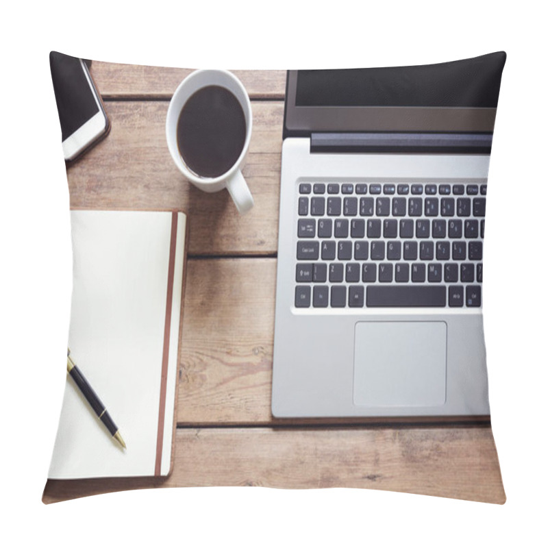 Personality  Open Laptop With Notepad And Smartphone Workspace On Desk From Above Pillow Covers