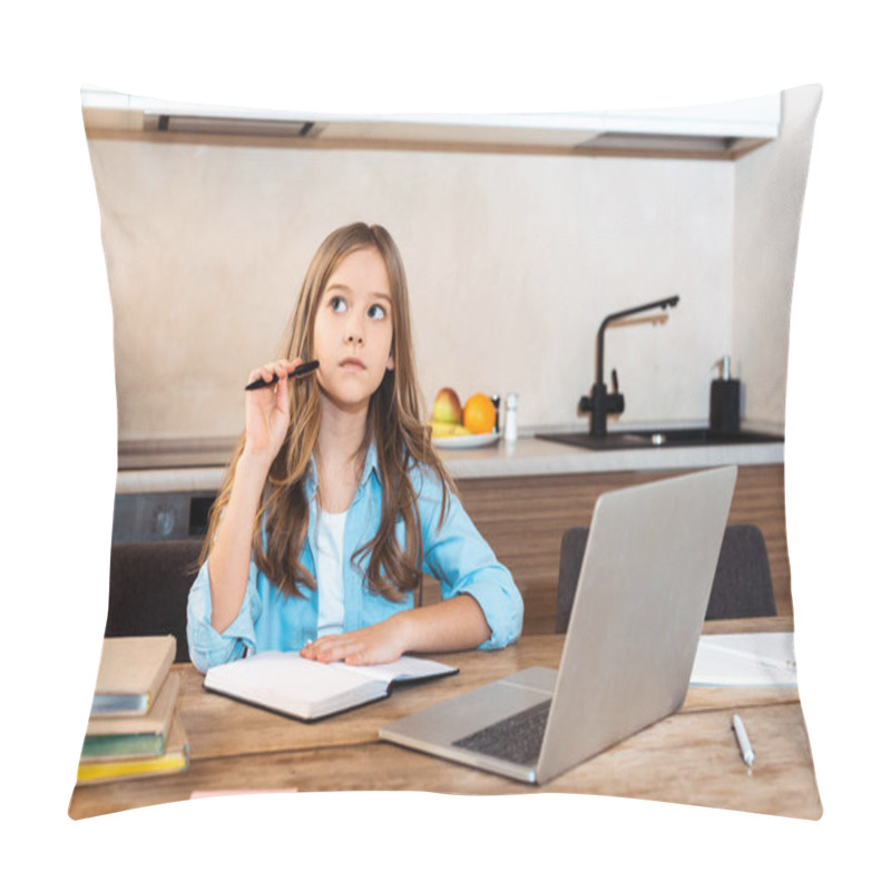 Personality  Selective Focus Of Pensive Kid Holding Pen Near Notebook And Laptop While E-learning At Home Pillow Covers