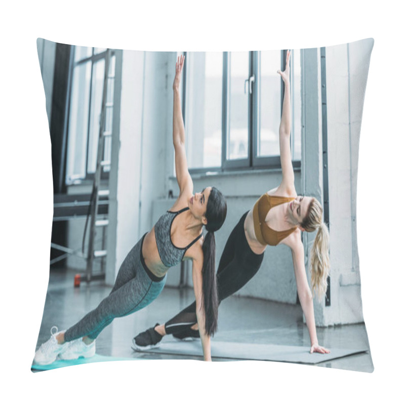 Personality  Sporty Multiethnic Girls Doing Side Plank Exercise On Yoga Mats In Gym  Pillow Covers