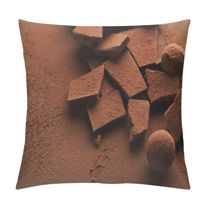 Personality  Close Up View Of Truffles And Chocolate Bars In Cocoa Powder Pillow Covers