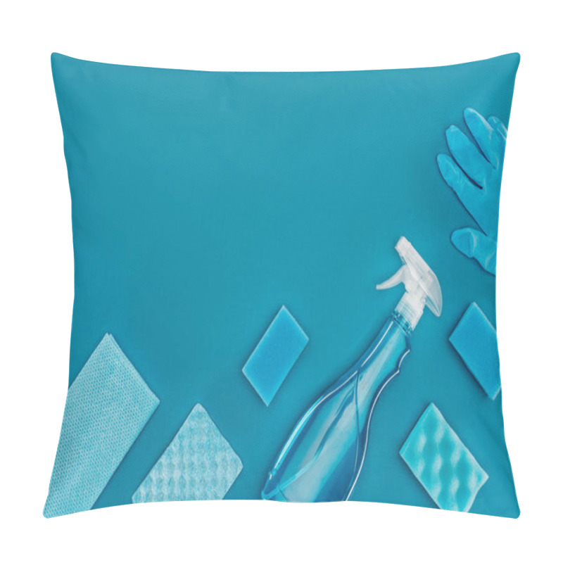 Personality  Top View Of Spray Bottle With Blue Washing Sponges Isolated On Blue Pillow Covers