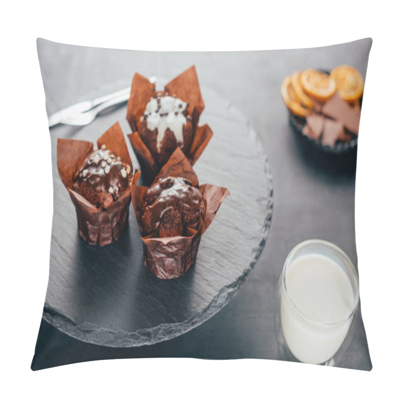 Personality  Sweet Cupcakes With Chocolate Chips And Glass Of Milk On Slate Board Pillow Covers