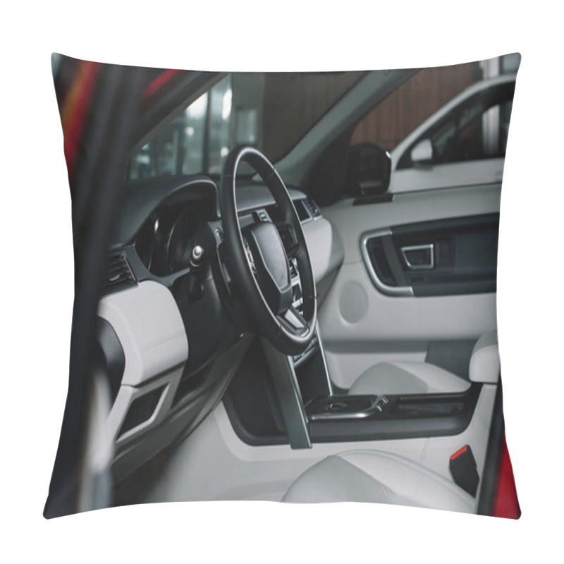 Personality  Selective Focus Of Black Steering Wheel In Automobile  Pillow Covers