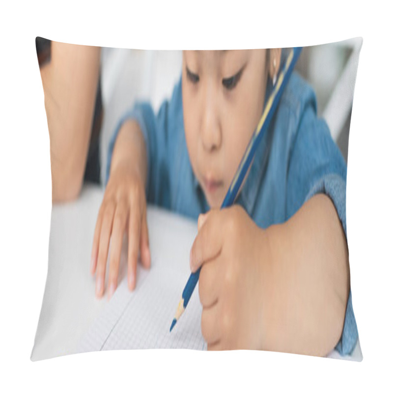 Personality  Blurred Asian Girl Drawing On Notebook, Banner  Pillow Covers