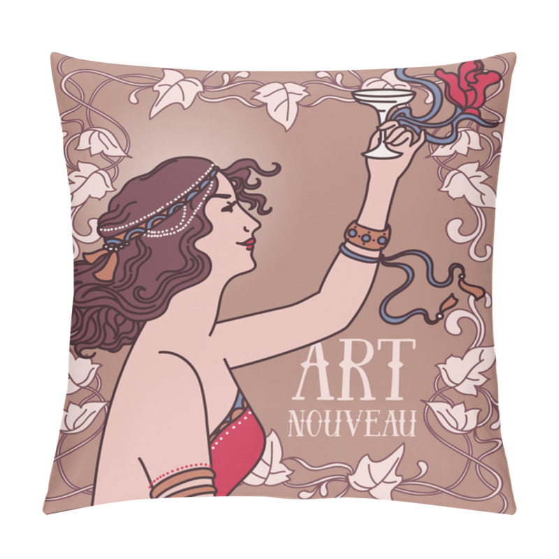 Personality  Beautiful Poster In Art Nouveau Style With Retro Woman Drinking Champagne And Floral Frame Pillow Covers