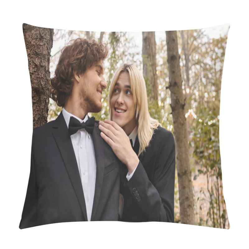 Personality  Under The Soft Glow Of Fairy Lights, Two Young Men Enjoy Each Others Company In A Lush Forest Setting. Pillow Covers