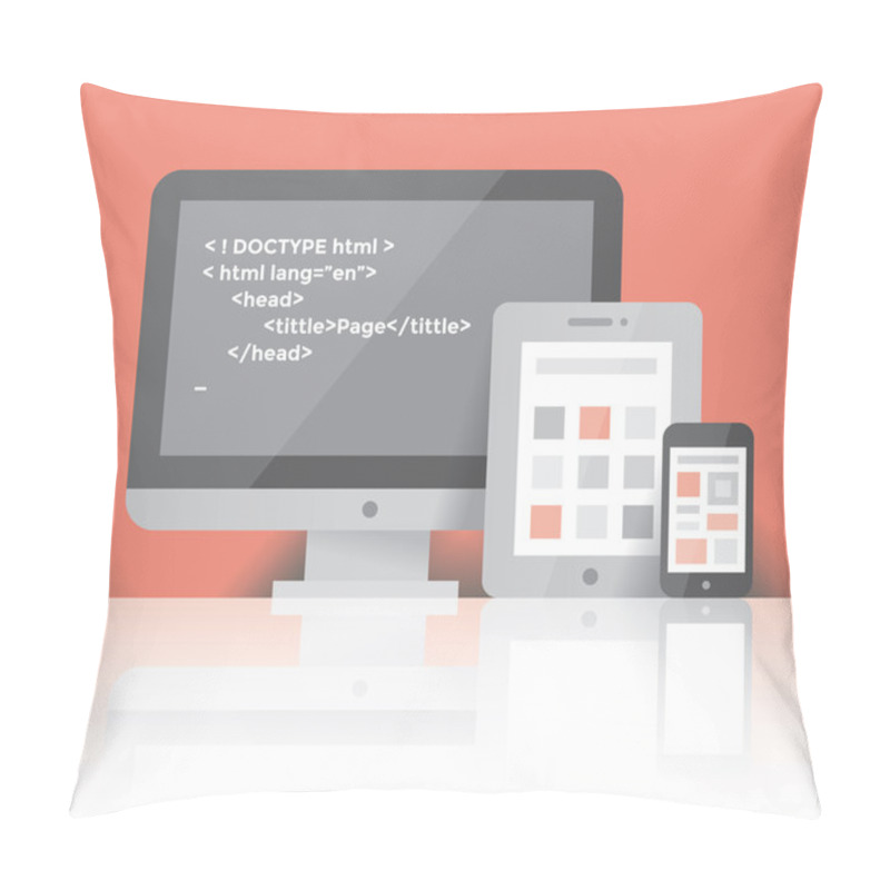 Personality  Computer, Tablet And Mobile Phone And HTML Source Code Application Screen. Cross Platform Programming Development, Javascript, Python, PHP, C++, Perl, Swift, Go, Kotlin Languages, Operating Systems Concepts Pillow Covers