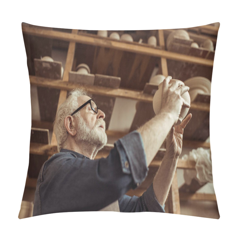 Personality  Senior Potter In Apron And Eyeglasses Examining Ceramic Bowl At Workshop Pillow Covers