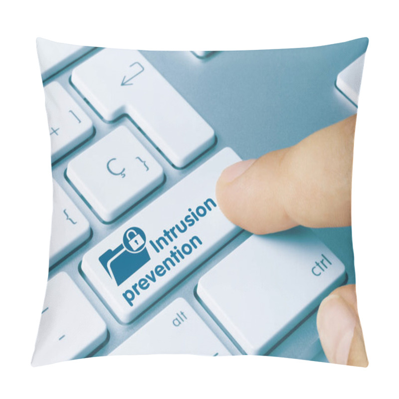 Personality  Intrusion Prevention Written On Blue Key Of Metallic Keyboard. Finger Pressing Key. Pillow Covers