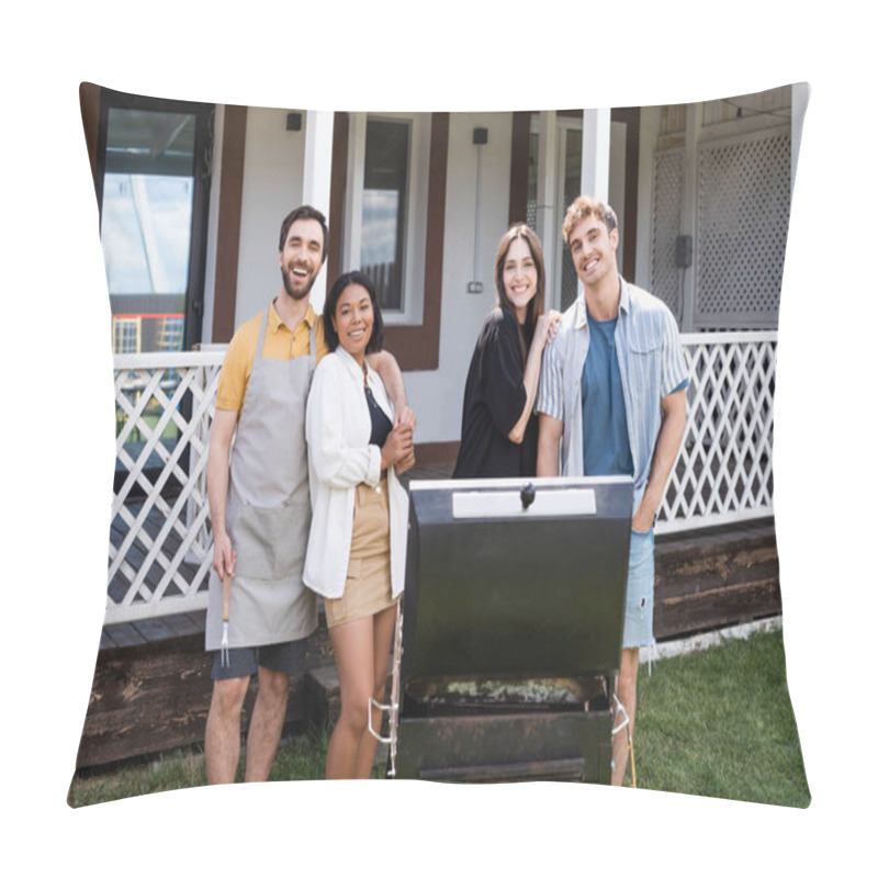 Personality  Positive Interracial Friends Hugging And Looking At Camera Near Grill In Backyard  Pillow Covers