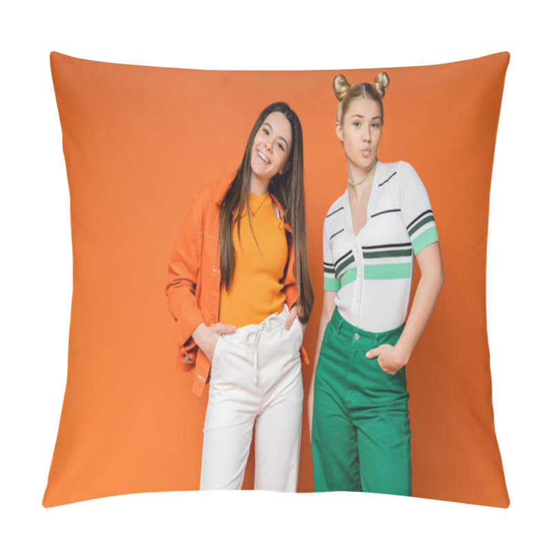 Personality  Confident And Cheerful Teenage Girlfriends In Casual Outfits Posing And Pouting Lips While Looking At Camera On Orange Background, Fashionable Girls With Sense Of Style, Friendship And Bonding Pillow Covers