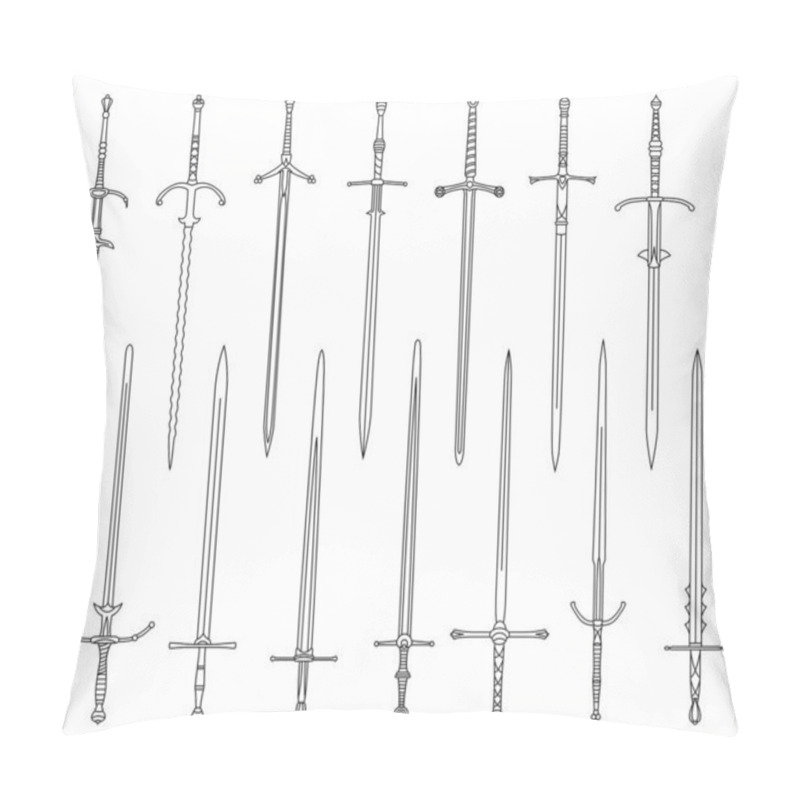 Personality  Set Of Simple Monochrome Images Of Medieval Two-handed Swords Drawn By Lines. Pillow Covers