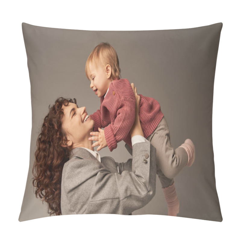 Personality  Working Mother, Parenting And Career, Curly Businesswoman Lifting In Arms Her Toddler Daughter On Grey Background, Work Life Harmony Concept, Loving Motherhood, Quality Family Time  Pillow Covers