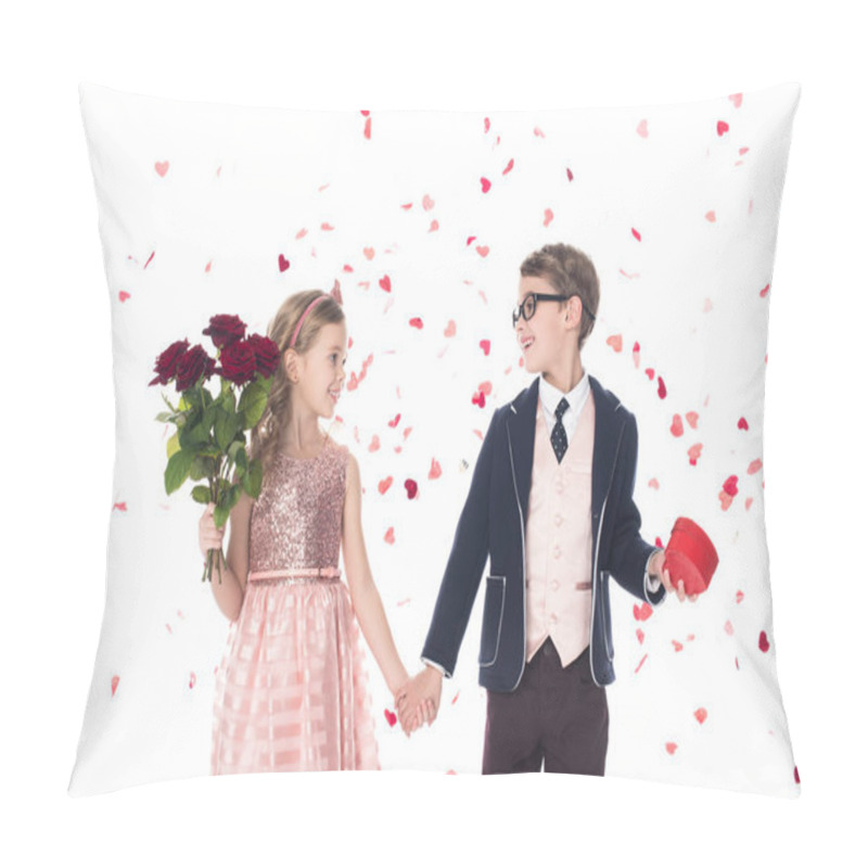 Personality  Adorable Happy Kids With Roses And Heart Shaped Gift Box Holding Hands And Smiling Each Other On White   Pillow Covers