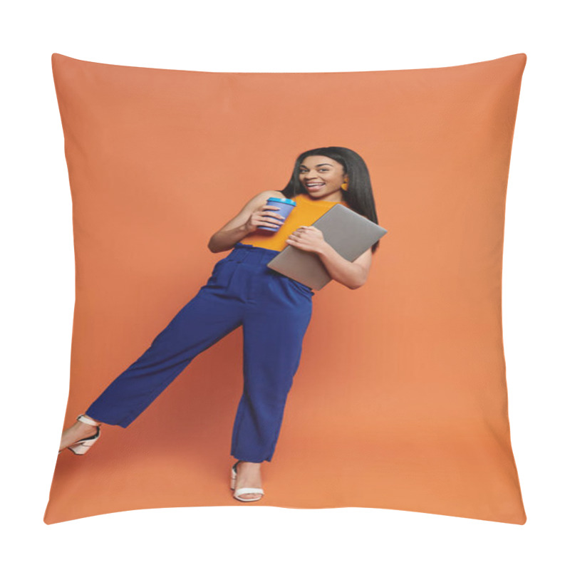 Personality  A Cheerful Woman Poses Playfully With A Laptop And Beverage. Pillow Covers