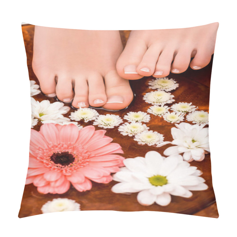 Personality  Cropped View Of Woman Making Bath With Flowers For Feet Pillow Covers