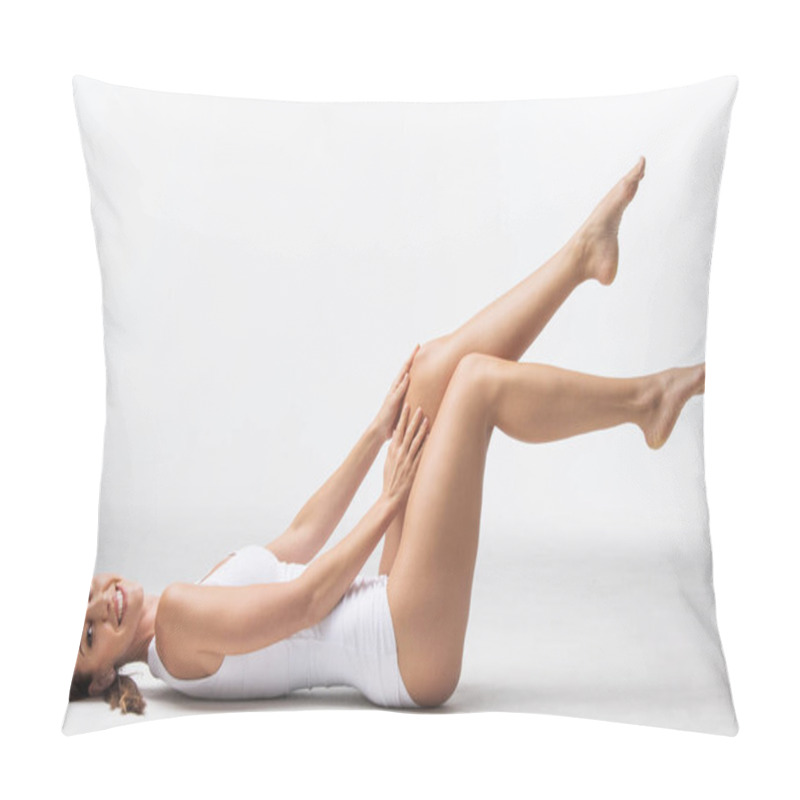 Personality  Attractive Sensitive Slim Woman Lying In White Cotton Lingerie Underwear Isolated On White Background Pillow Covers