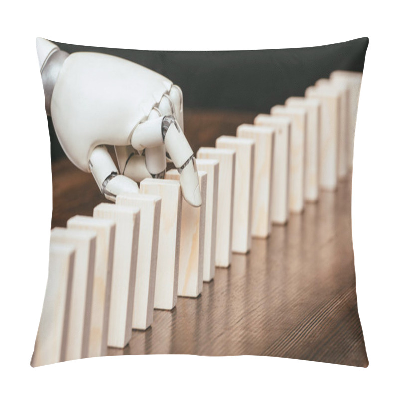 Personality  Selective Focus Of Robotic Hand Picking Wooden Brick From Row Of Blocks On Desk Pillow Covers