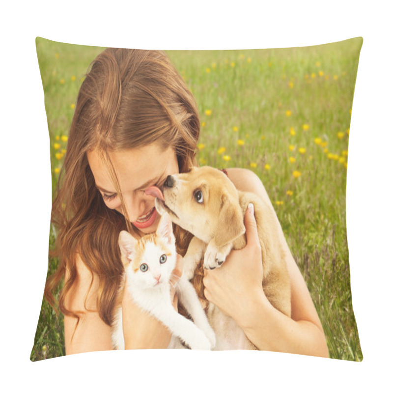 Personality  Young Girl Holding Kitten And Puppy Pillow Covers