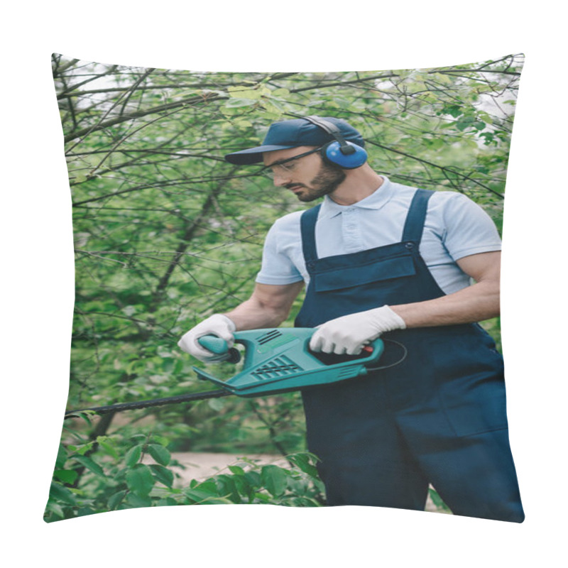 Personality  Gardener In Noise-canceling Headphones Pruning Bushes With Electric Trimmer Pillow Covers