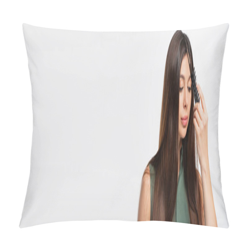 Personality  Young Woman Doing Hair Parting With Comb Isolated On Grey, Banner Pillow Covers