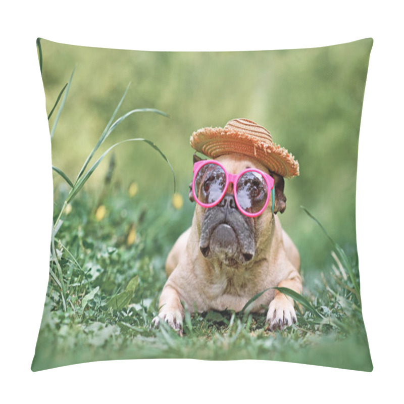 Personality  French Bulldog Dog Wearing Pink Sunglasses And Mexican Straw Hat  Pillow Covers