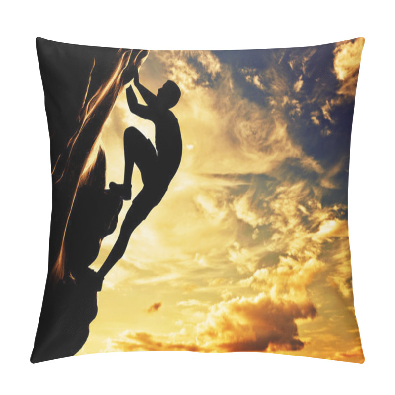 Personality  A Silhouette Of Man Free Climbing On Rock Pillow Covers