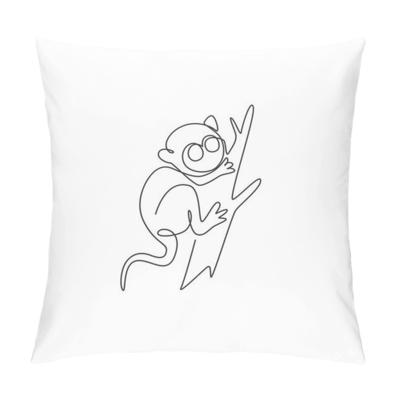 Personality  Single Continuous Line Drawing Of Adorable Tarsier For Company Logo Identity. Tiny Monkey Animal Mascot Concept For National Conservation Park Icon. Modern One Line Draw Design Vector Illustration Pillow Covers