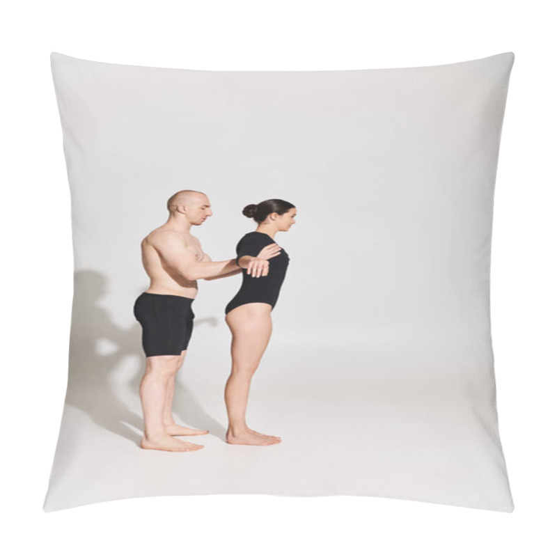 Personality  Young Man Shirtless And Woman In Black Perform Acrobatic Dance Moves In A Studio Against A White Background. Pillow Covers