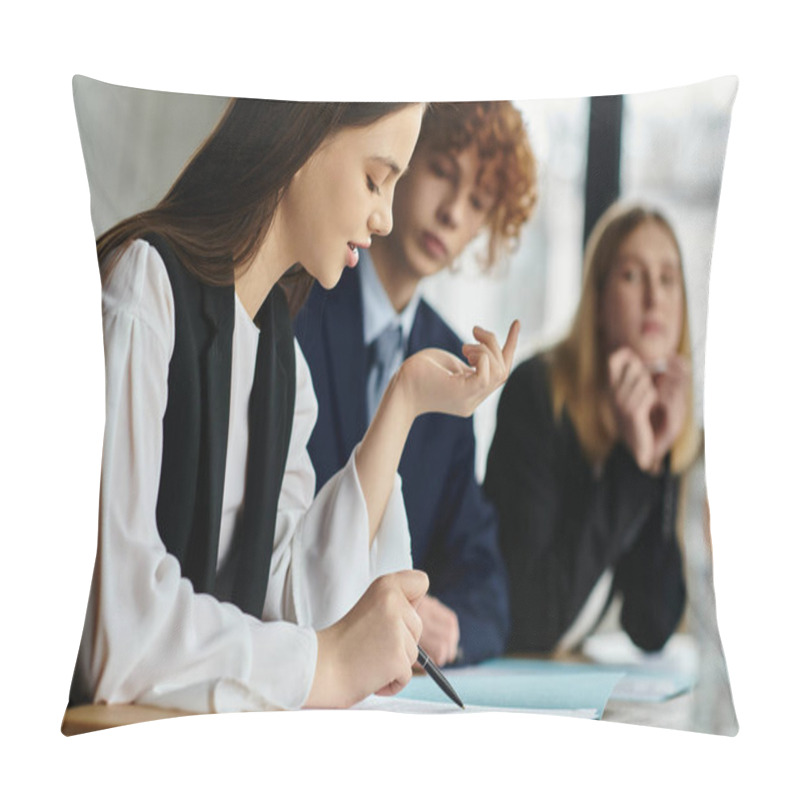 Personality  Teenagers Participating In A Model United Nations Conference, Focused On A Discussion. Pillow Covers