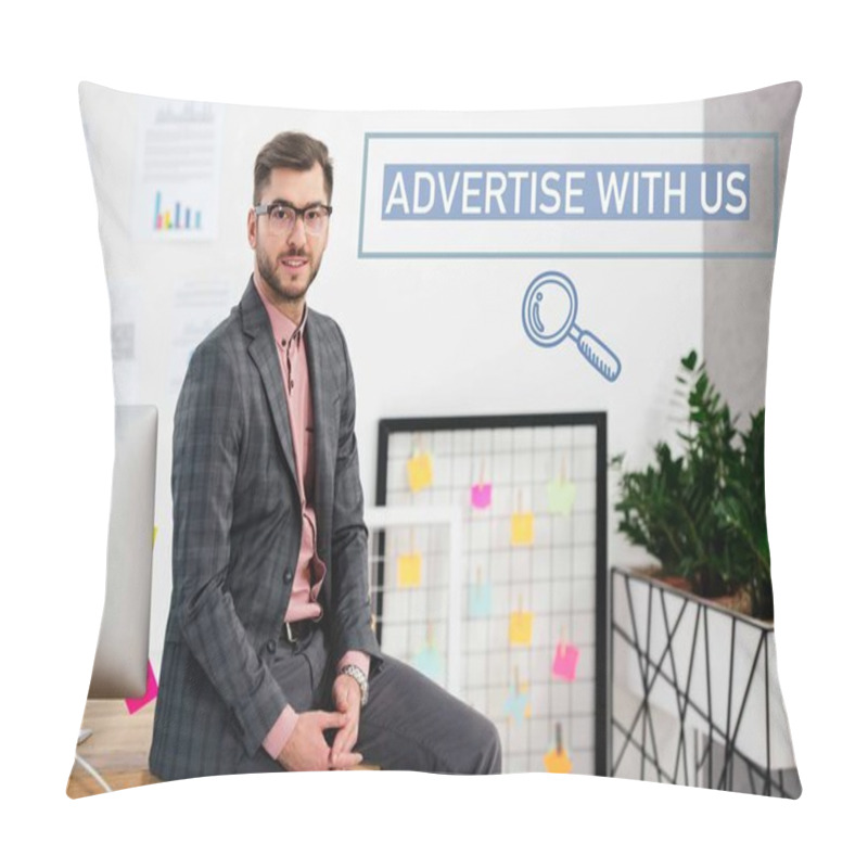 Personality  Portrait Of Young Businessman In Suit And Eyeglasses Sitting On Table In Office, Advertise With Us Inscription Pillow Covers