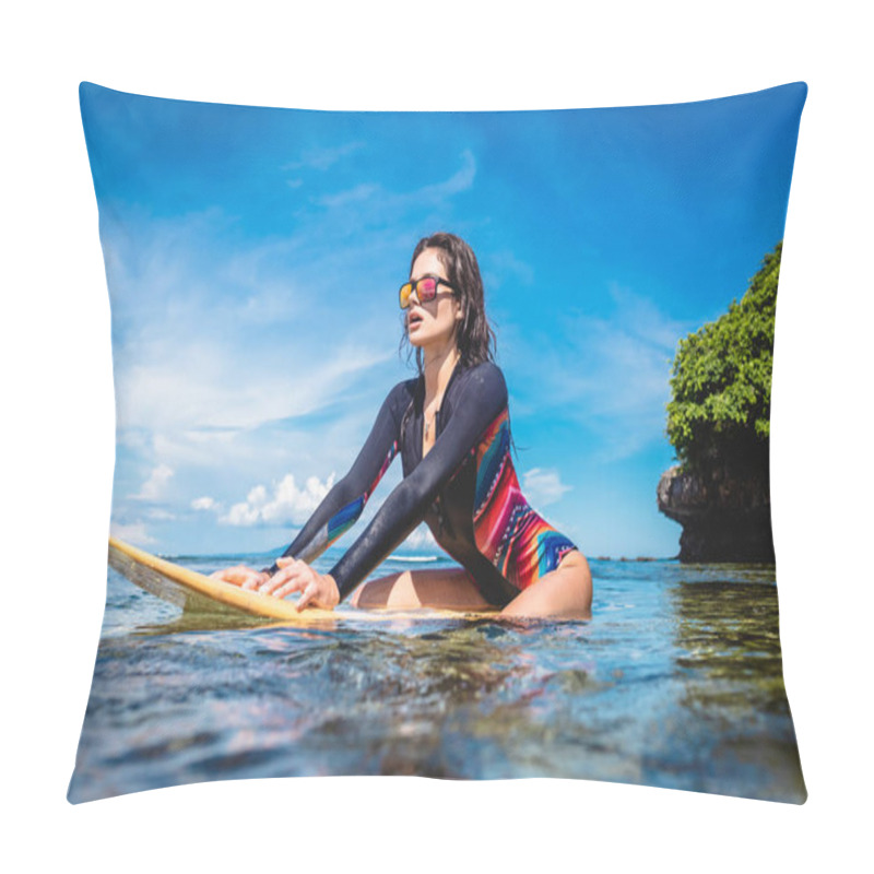 Personality  Sportswoman In Wetsuit And Sunglasses On Surfing Board In Ocean At Nusa Dua Beach, Bali, Indonesia Pillow Covers