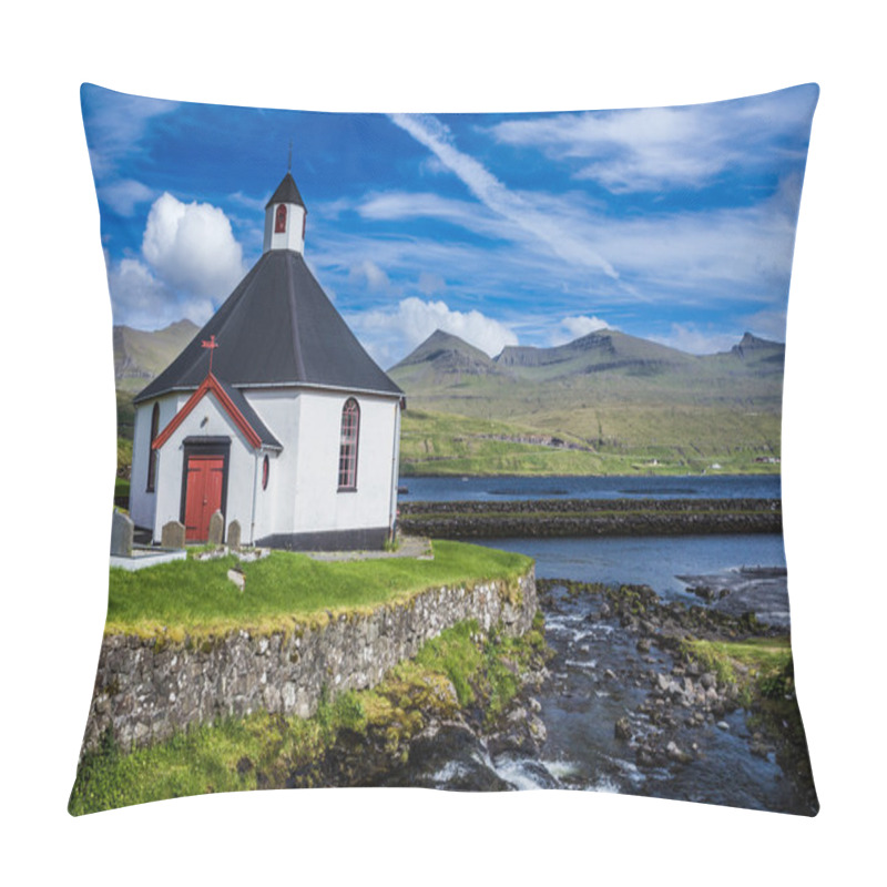 Personality  Small Village Church With Cemetery In Faroe Islands, Denmark Pillow Covers