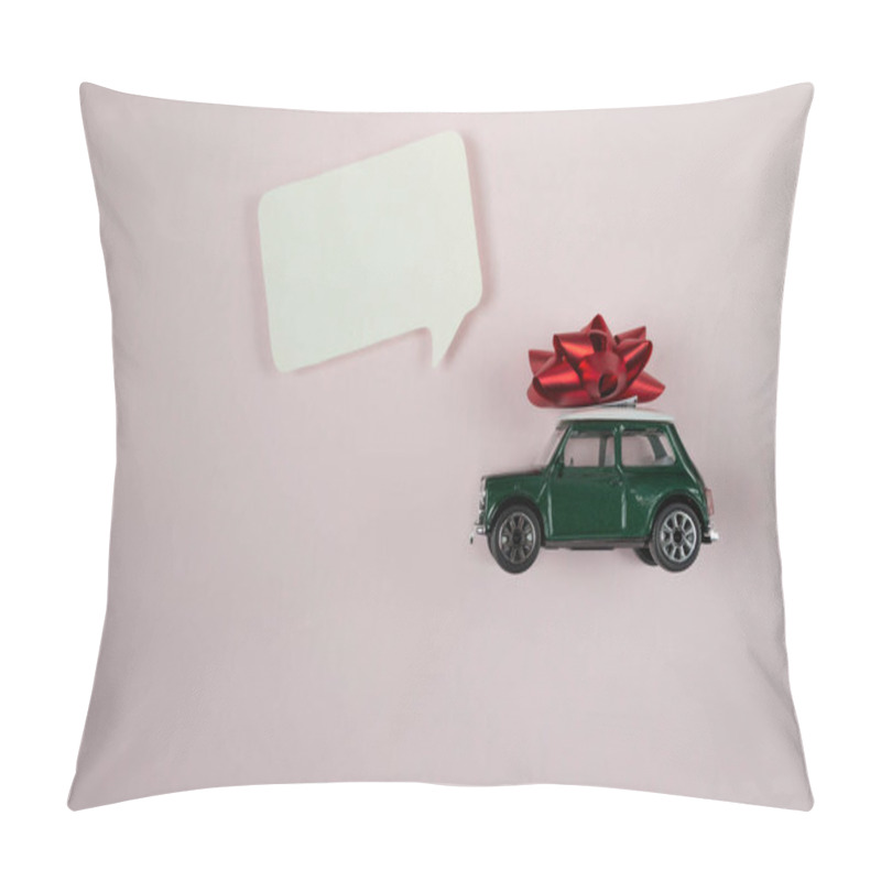 Personality  Green Toy Car With A Red Bow On Top Of It. The Car Is On A Pink Background Pillow Covers