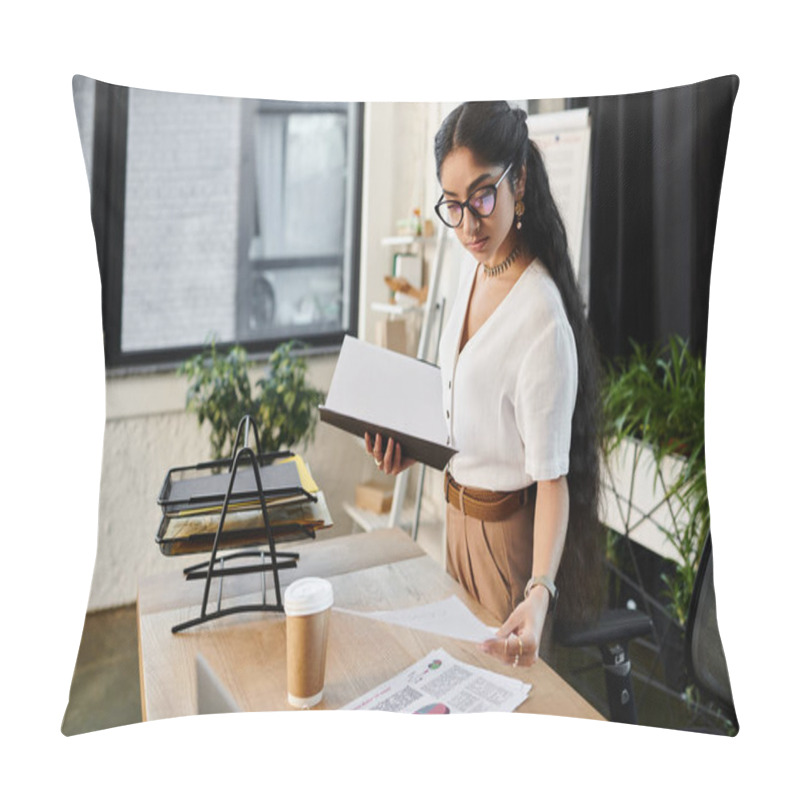 Personality  Young Indian Woman With Glasses Working At Desk With Papers. Pillow Covers