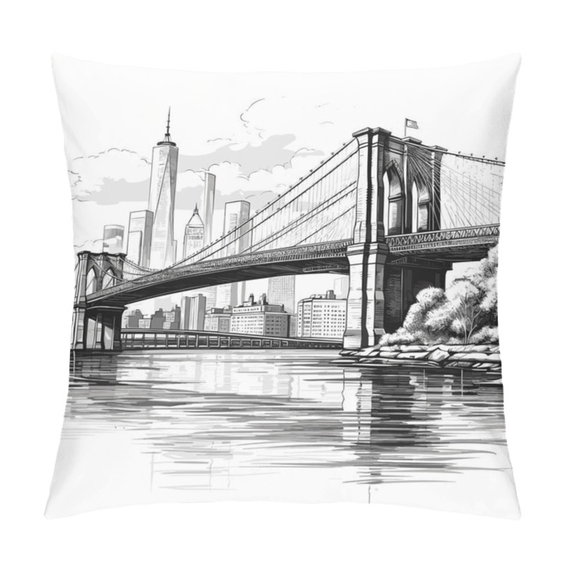 Personality  Brooklyn Bridge Hand-drawn Comic Illustration. Brooklyn Bridge. Vector Doodle Style Cartoon Illustration Pillow Covers