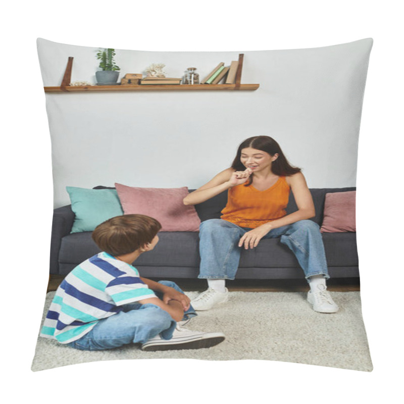 Personality  A Mother Communicates With Her Hearing Impaired Son, Fostering A Loving Connection At Home. Pillow Covers