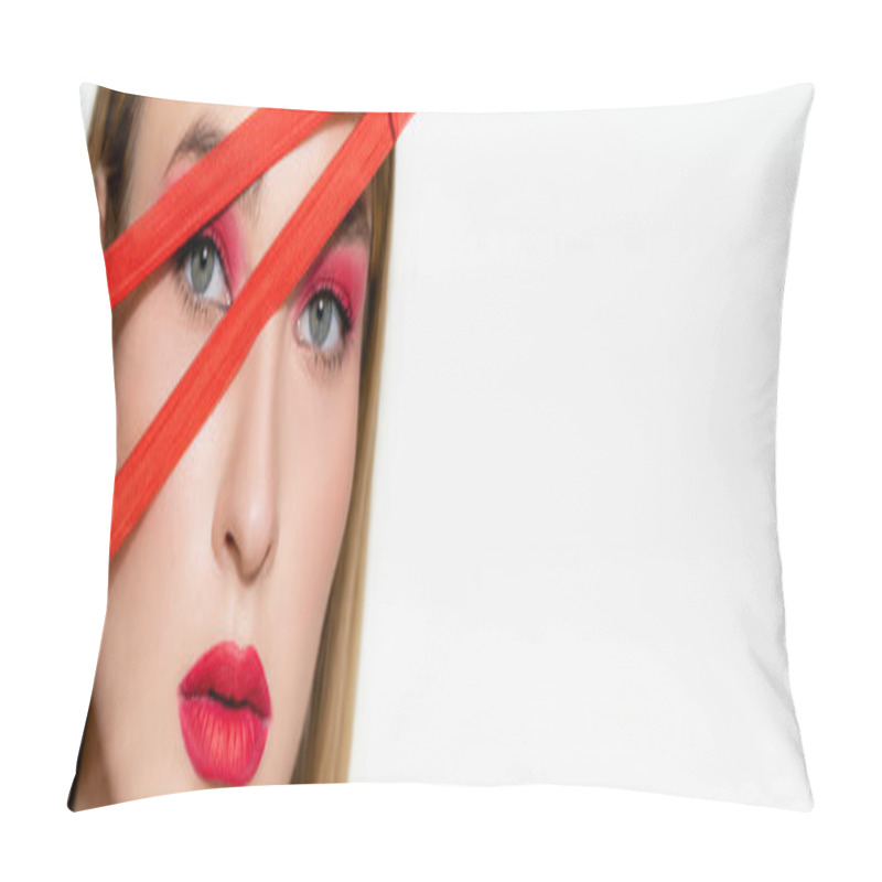 Personality  Young Model With Red Eye Shadow And Lips Looking At Camera Near Zipper Isolated On White, Banner  Pillow Covers