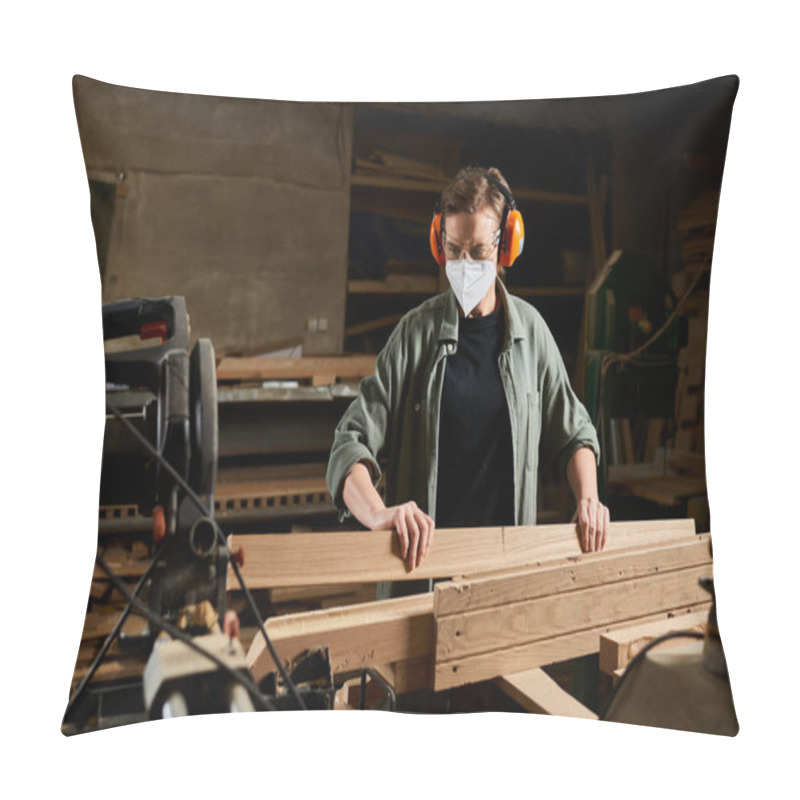 Personality  A Focused Carpenter Works Diligently With Wooden Planks In A Well-equipped Workshop, Demonstrating Craftsmanship. Pillow Covers