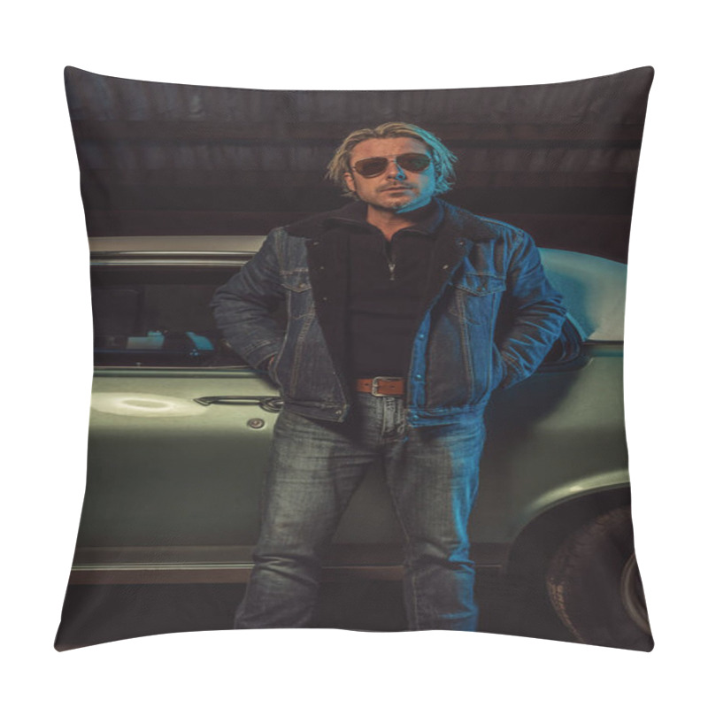 Personality  Man With Blond Hair And Sunglasses In A Jeans Jacket Stands By An American Classic Muscle Car. Pillow Covers